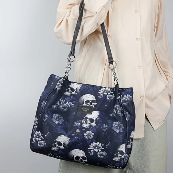 Handbags - Gothic Skull Blue Floral Print‎ Hobo Bag Shoulder Bag Womens Punk Style Purse